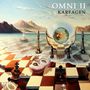 Text: "OMNI II KARFAGEN". Surrealistische Szene mit Schachfiguren, Maske und Weltkugel auf Schachbrett am Meer., CD