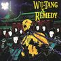 "WU-TANG x REMEDY" Illustration: Ein kahlköpfiger Mann ist mit Ketten gefesselt, umgeben von vermummten Gestalten vor einem Tempel.