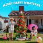 Oben steht: "MERRY HAPPY WHATEVER" und "5 original Christmas songs". Zwei Personen vor einem geschmückten Weihnachtsbaum., CD