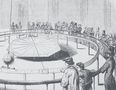 Ein Pendel schwingt über einer nummerierten Skala. Menschen beobachten interessiert. Illustrationsstil., CD