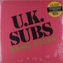 Text: "U.K. SUBS DEMO KICKS". Rot-pinker Hintergrund, schwarzer und grüner Text, gelber Sticker oben rechts., Single 12"