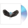 Abstrakte Illustration: Schwarze, flügelähnliche Form mit einem blauen Fleck in der Mitte, daneben eine schimmernde CD., CD