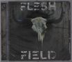 Texte: "FLESH FIELD" zentral, "ON ENMITY" vertikal rechts. Schädel eines Stiers mit Hörnern, dunkler Hintergrund., CD