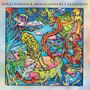 „SPIRITS BURNING & BRIDGET WISHART ≈ FRAGMENTS“. Bunte, surreale Illustration mit Tieren und Figuren in lebhaften Farben., CD