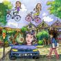 Text auf dem Nummernschild: "BRD NTS". Cartoon-Stil: Menschen auf Fahrrädern, ein Auto, Häuser und ein Fußgänger., LP