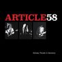 Text: "ARTICLE 58" oben, "Echoes, Thrash & Harmony" unten. Drei Männer spielen Instrumente in Schwarz-Weiß., LP