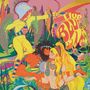 Text: "Live Blue". Illustration im farbenfrohen, psychedelischen Stil. Geflügelte Figur mit Pfeil und Bogen, Liebespaar., 2 LPs