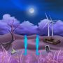 Zwei blaue Silhouetten, Windräder, kaputtes Auto, Baumschädel, Mond am Himmel, violette Landschaft., CD