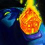 Eine leuchtende Illustration zeigt ein brennendes Haus und ein blaues Gesicht mit grünem Auge im Hintergrund., LP