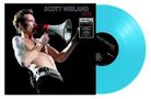 „SCOTT WEILAND LIVE“ und „LIMITED EDITION BLUE VINYL“. Ein Mann mit Megafon; blaue Vinyl-Schallplatte., LP