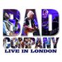 "BAD COMPANY LIVE IN LONDON" in großen Buchstaben, gefüllt mit Konzertfotos der Band auf der Bühne., CD