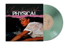 Text: "Olivia Newton-John, PHYSICAL." Frau in nassem Shirt in Wasser. Grünes Vinyl daneben., Single 7"