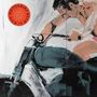 Text: "MOTORBIKE KICK IT OVER". Illustration eines Mannes auf einem Motorrad in dynamischer Pose., LP