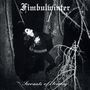 "Fimbulwinter" oben, "Servants of Sorcery" unten. Eine Person mit Corpsepaint in einem dunklen Wald., CD
