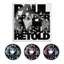 Text: "PAUL DRAPER MANSUN RETOLD." Ein Gesicht im Hintergrund. Drei CDs mit demselben Text in Blau, Rosa und Bunt.