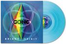 „GONG BRIGHT SPIRIT“ auf blauem Vinyl. Farbenfrohes, geometrisches Muster mit Regenbogen-Lichtstrahlen.