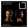 "CONSOBRINAE", "WORKS FOR CELLO & THEORBO", Hermine Horiot und Giovanni Bellini, zwei Porträts; dunkler Hintergrund., CD