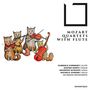 "Mozart Quartets with Flute" und vier Katzen spielen Musikinstrumente: Flöte, Geige, Bratsche und Cello.