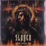 "SLAYER DEATH ANGELS LIVE" in gotischer Schrift. Ein düsteres, sakrales Motiv mit Dornenkrone und Flammen., 2 LPs