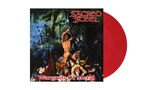 Text: "SACRED STEEL", "Wargods Of Metal". Illustration: Krieger mit Schwert, umgeben von bedrohlichen Figuren. Rote Schallplatte., LP