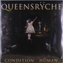 "QUEENSRŸCHE" und "CONDITION HÜMAN" in großer Schrift. Ein Mädchen in einem weißen Kleid steht in einem Raum., 2 LPs