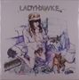 "LADYHAWKE" steht über einer Frau mit Stirnband, die kniet und ein Videospiel spielt, umgeben von Katzen., LP