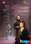 "Aureliano in Palmira" Gioachino Rossini. Namen von Sängern und Mitarbeitern links. Szenenbild mit zwei Figuren in histor. Kostümen., 2 DVDs