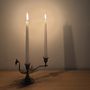 Zwei brennende Kerzen in einem metallenen Kerzenhalter in Form eines Schwans, auf einem Holztisch stehend., LP