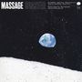 "Massage Coaster" oben, Songtitel aufgelistet. Abstrakte Illustration: blauer Planet vor schwarzem, sternenübersätem Hintergrund., LP