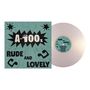 "A-100s Rude and Lovely" steht in großen Buchstaben auf türkisfarbenem Hintergrund mit einem weißen Vinyl nebenbei., LP