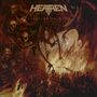 "Heathen", "Lifetime in Hell". Eine düstere Illustration mit fliegenden Skelettdämonen über Flammen und verzweifelten Gestalten., LP