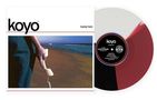 "Links: 'koyo', 'barely here'. Bild eines Gehwegs am Strand mit Telefonhörer. Rechts: Schallplatte in Rot-Schwarz.", LP