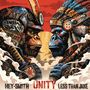 „HEY-SMITH UNITY LESS THAN JAKE“. Zwei Gorillas in Rüstungen schauen sich intensiv an, vor rotem Hintergrund., LP
