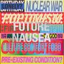 Text: "LONELY? NUCLEAR WAR FUTURE NAUSEA CULTURE COMFORT FOOD". Buntes, typografisches Design., LP