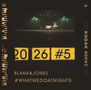 Texte: "20 26 #5", "Blank&Jones", "#WHATWEDOATNIGHT5". Bild: Ein Flugzeug im nächtlichen Flughafenhangar.