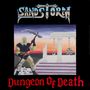 "SANDSTORM" und "Dungeon Of Death" in dramatischer Schrift. Illustration: Krieger mit Axt vor antiken Säulen und Schädeln., CD