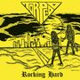Der Text „Torpedo“ und „Rocking Hard“. Zwei Figuren mit Gitarren blicken auf eine Stadt unter einem riesigen Sonnenuntergang., CD