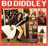 BO DIDDLEY FIRST FLUSH. Acht Alben auf vier CDs. Ein Musiker spielt eine große Gitarre, daneben Albumcover., 4 CDs