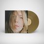 Seite A: Liedtitel auf einem beigen Etikett einer olivfarbenen Vinyl-Schallplatte. Cover zeigt das Gesicht einer Frau., LP