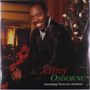"Jeffrey Osborne - Something Warm for Christmas" steht unten. Ein lächelnder Mann sitzt vor einem Kamin und Weihnachtsbaum., LP