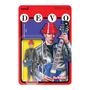 Text: "DEVO", "Bob Mothersbaugh", "ReAction". Illustration einer Figur mit rotem Hut, Gitarre auf blauem Hintergrund.