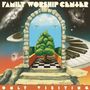 "Family Worship Center", "Only Visiting". Surrealistische Illustration: Steinbogen, Baum, Klaviertasten, Sterne und ein schwebender Krug., LP