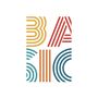 Text "BASIC" in bunten, gestreiften Buchstaben. Moderne Grafik mit geometrischem Design., LP