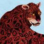 Illustration eines Leoparden mit braun-schwarzem Fellmuster und leuchtenden Augen auf hellblauem Hintergrund., LP