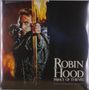 Texte: "ROBIN HOOD PRINCE OF THIEVES". Ein Mann mit Pfeil, Bogen und brennender Fackel in der Hand; entschlossener Blick.