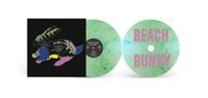 "BEACH BUNNY" in rosanen Buchstaben auf einer grün marmorierten Schallplatte. Links bunte Illustration eines Hasens., 2 LPs