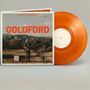 "Goldford" und "Orange Blossoms" auf grauem Albumcover, Person mit Gitarre vor Berglandschaft, orangefarbene Vinylplatte., LP