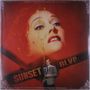 Text: "SUNSET BLVD."
Illustration: Großes dramatisches Gesicht, Filmrolle, Mann im Anzug., LP