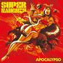 „SUPER NAUGHTY“ und „APOCALYPSO“. Eine Frau in rotem Bikini, umgeben von Schlangen und Totenköpfen, auf rotem Hintergrund., CD
