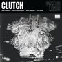 "CLUTCH", "WASTED LANDS", Namen der Bandmitglieder. Eine Krokodil-Illustration im Wasser, krisselige Schwarz-Weiß-Optik., CD